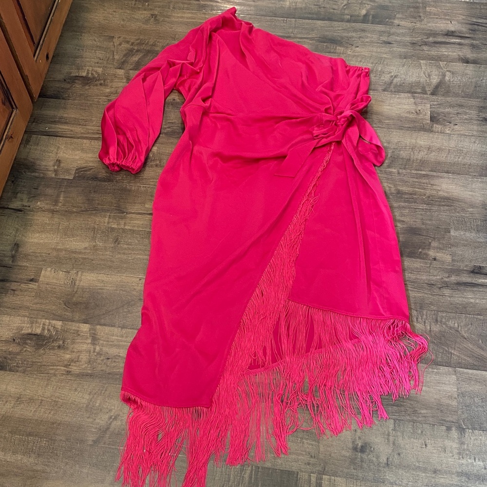Eloquii Fringe Hem Satin Silk-Like One Shoulder Wrap Pink Plus Size Dress - Picture 5 of 6